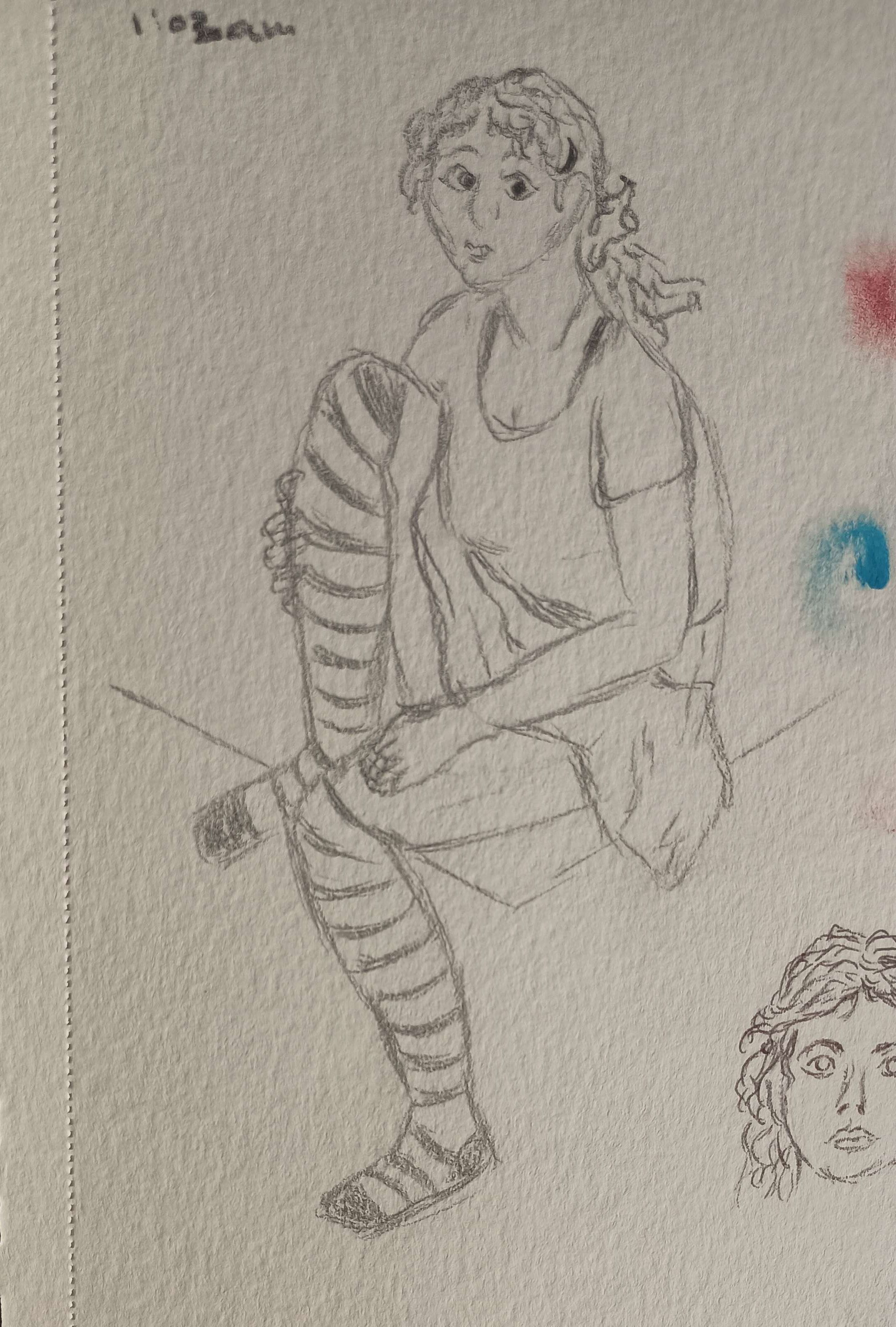 Person Sitting, Leg Pulled in-Pencil